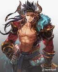  abs artist_name black_hair boots brown_eyes chest cowboy_shot dark_skin dark_skinned_male draph earrings eyepatch fur_trim gloves granblue_fantasy headband horns jewelry long_hair male_focus moreshan navel reinhardtzar shirtless solo 