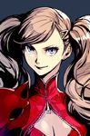  blue_background blue_eyes breasts cat_mask cleavage closed_mouth hair_ornament hairclip hankuri jacket long_hair looking_at_viewer mask mask_removed medium_breasts persona persona_5 pink_hair red_jacket simple_background smile solo takamaki_anne twintails upper_body zipper 