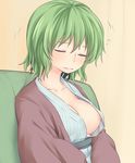  alternate_costume bath_yukata breasts closed_eyes closed_mouth commentary_request facing_viewer green_hair hanten_(clothes) japanese_clothes kazami_yuuka kimono medium_breasts miyo_(ranthath) nipple_slip nipples sash short_hair solo touhou upper_body yukata 