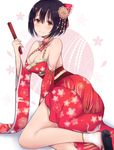  alternate_costume black_hair blush bow breasts brown_eyes cleavage commentary_request detached_sleeves holding idolmaster idolmaster_cinderella_girls japanese_clothes kimono kinryuu large_breasts looking_at_viewer red_kimono short_hair sitting smile solo takafuji_kako thighs white_legwear wide_sleeves yellow_eyes 