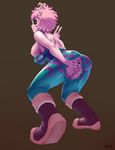  1girl 8-tomb anus ashido_mina ass black_sclera bodysuit boku_no_hero_academia boots breasts from_behind fur_trim highres horns nipples pink_hair pink_skin pussy short_hair solo squatting torn_bodysuit vest yellow_eyes 