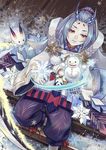  androgynous black_legwear braid eyebrows gamensiel grey_hair looking_at_viewer male_focus onmyoji parted_lips red_eyes sitting snow snow_bunny snowflakes snowman solo yuki_douji_(onmyoji) 