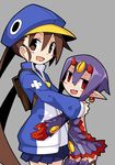  2girls blue_sailor_collar blue_skirt blush brown_eyes brown_hair desco_(disgaea) disgaea hat horns jacket kazamatsuri_fuuka long_hair makai_senki_disgaea_4 multiple_girls pointy_ears prinny purple_hair red_eyes school_uniform short_hair skirt twintails 