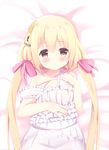  bangs bare_arms bare_shoulders bed_sheet blonde_hair blush bow breasts brown_eyes closed_mouth collarbone dakimakura dress eyebrows_visible_through_hair flower futaba_anzu hair_between_eyes hair_bow hair_flower hair_ornament idolmaster idolmaster_cinderella_girls kittipat_jituatakul long_hair looking_at_viewer low_twintails lying on_back pink_bow sleeveless sleeveless_dress small_breasts solo strap_slip twintails very_long_hair white_dress yellow_flower 