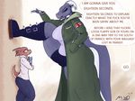  anthro boots cigarette clothed clothing dialogue dragon duo english_text female footwear horn julian_(maxine_dragon_787) kobold male maxine-dragon-787 maxine_dragon open_mouth overweight size_difference standing text thick_thighs trenchcoat 