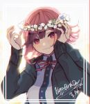  1girl arms_up black_hoodie breasts commentary_request danganronpa eyebrows_behind_hair flipped_hair flower frame hair_flower hair_ornament hand_in_hair happy_birthday highres hood hoodie large_breasts lei light_background looking_at_viewer nanami_chiaki no_nose number pink_eyes pink_hair pink_ribbon ribbon roll08081227 shirt short_hair solo super_danganronpa_2 white_shirt 