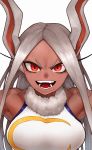  1girl animal_ears bare_shoulders boku_no_hero_academia breasts bunny_ears bunny_girl eungi highres large_breasts long_hair looking_at_viewer mirko muscle muscular_female open_mouth red_eyes simple_background sleeveless solo teeth tongue upper_body white_background white_hair 