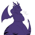  2017 anthro big_breasts bottomless breasts clothed clothing colored_sketch dragon female gem hair horn jiggydino looking_at_viewer membranous_wings monochrome navel nipple_bulge partially_clothed portrait presenting purple_hair restricted_palette shirt signature simple_background slightly_chubby solo spade_tail three-quarter_portrait varcosa white_background wide_hips wings 