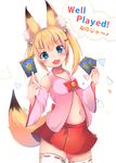  airmisuzu animal_ear_fluff animal_ears bangs bare_shoulders bell between_fingers blonde_hair blue_eyes blush bow breasts card cleavage collarbone cowboy_shot detached_sleeves english eyebrows eyebrows_visible_through_hair fang fox_ears fox_tail hair_bell hair_between_eyes hair_ornament hair_ribbon hairclip head_tilt hearthstone highres holding holding_card jingle_bell kemomimi_oukoku_kokuei_housou long_hair long_sleeves looking_at_viewer midriff mikoko_(kemomimi_oukoku_kokuei_housou) miniskirt navel open_mouth pink_shirt playing_card pleated_skirt red_bow red_ribbon red_skirt ribbon ribbon-trimmed_clothes ribbon-trimmed_legwear ribbon_trim shirt simple_background skirt small_breasts solo speech_bubble standing stomach tail tail_raised tareme text_focus thighhighs triangle twintails v-shaped_eyebrows virtual_youtuber warcraft white_background white_legwear wide_sleeves world_of_warcraft zettai_ryouiki 