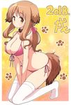  2018 3: animal_ears bangs between_legs bikini blush bow breasts brown_eyes brown_hair cleavage closed_mouth collar collarbone commentary_request dog_ears dog_tail eyebrows_visible_through_hair full_body hair_bow hand_between_legs highres kemonomimi_mode large_breasts long_hair looking_at_viewer low_ponytail matsumoto_yoriko mel_(melty_pot) navel no_shoes paw_background pink_bikini pink_bow seiza side-tie_bikini sidelocks sitting solo sweatdrop swimsuit tail thick_eyebrows thighhighs wavy_mouth white_legwear yellow_background yuyushiki 