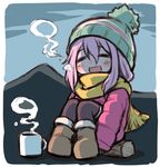  :d blush_stickers boots breath chibi closed_eyes commentary_request cup down_jacket hat jacket kagamihara_nadeshiko knees_up kugelschreiber long_hair mountain open_mouth outdoors pink_hair pink_jacket scarf sitting smile solo steam yurucamp 