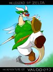 anthro belly big_belly boots clothing dragon english_text facial_hair footwear goatee horn long_neck male melee_weapon moobs nintendo overweight scalie shield sky solo sword text the_legend_of_zelda unibrow valoo video_games weapon wind_waker wings yellow_sclera 翌檜＠絶望間近 