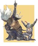  2boys armor cn_phoebe crown dark_souls_(series) dark_souls_i dark_souls_iii full_armor helmet highres long_hair male_focus multiple_boys nameless_king praise_the_sun shoulder_armor solaire_of_astora tabard 