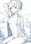  arm_up bangs blue blush bottomless breasts breasts_apart collared_shirt commentary cup cushion eyebrows_visible_through_hair hair_bun hair_ribbon half-closed_eyes hand_behind_head highres large_breasts looking_at_viewer monochrome naked_shirt navel open_clothes open_shirt parted_lips pillow ribbon satchely shirt sitting solo sweatdrop takeda_sumika tray waking_up war_of_ashird wing_collar 