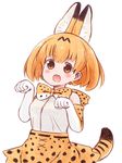  :d animal_ears bangs bare_shoulders batta_(ijigen_debris) blush bow bowtie commentary elbow_gloves extra_ears eyebrows_visible_through_hair gloves grey_shirt hands_up head_tilt high-waist_skirt kemono_friends looking_at_viewer open_mouth orange_eyes orange_hair orange_neckwear orange_skirt paw_pose round_teeth serval_(kemono_friends) serval_ears serval_print serval_tail shirt short_hair simple_background skirt sleeveless sleeveless_shirt smile solo tail teeth upper_body white_background white_gloves 