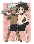  abs barefoot blue_eyes blush bow bowtie brown_hair dark_skin dark_skinned_male drink facial_tattoo granblue_fantasy harvin highres iha_tobu long_hair male_focus multiple_boys navel open_mouth ponytail sevilbarra shirtless skull_(granblue_fantasy) tattoo teeth tongue tongue_out waiter white_hair 