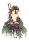  brown_eyes brown_hair cape chest dakimakura fingerless_gloves fundoshi gloves granblue_fantasy harvin highres iha_tobu japanese_clothes katana long_hair male_focus navel pointy_ears ponytail sandals sevilbarra shirtless sideburns solo sword teeth torn_clothes undressing weapon 