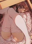  ashigara_(kantai_collection) ass brown_eyes brown_hair check_commentary commentary_request crotch hairband ikarin kantai_collection knees_together_feet_apart legs_up long_hair lying on_back panties pantyhose pantyhose_pull partial_commentary pink pink_legwear pink_panties solo underwear 