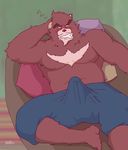  1boy bakemono_no_ko blush bulge crotch erection furry kumatetsu male_focus sitting solo topless 