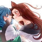  animal_ears blue_eyes blue_hair blush brown_hair drill_hair fang_out fingernails from_side green_kimono hand_on_another's_cheek hand_on_another's_face imaizumi_kagerou japanese_clothes kimono long_fingernails long_hair long_sleeves multiple_girls nail_polish profile red_eyes red_nails satomachi simple_background touhou twin_drills upper_body wakasagihime white_background wolf_ears yuri 