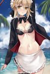 apron arm_above_head artoria_pendragon_(all) artoria_pendragon_(swimsuit_rider_alter) bad_id bad_pixiv_id bikini blonde_hair blue_sky blush breasts cleavage cloud contrapposto cowboy_shot d: day detached_collar eyebrows_visible_through_hair fate/grand_order fate_(series) garter_straps hair_between_eyes highres jacket jacket_over_swimsuit medium_breasts navel open_mouth palm_tree sky solo standing swimsuit tree yellow_eyes z_z 