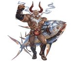  abs bald beard chest dark_skin dark_skinned_male draph facial_hair fish full_body fundoshi ghandagoza gloves granblue_fantasy headband horns japanese_clothes male_focus minaba_hideo official_art open_mouth red_eyes sandals shirtless solo sparkle teeth transparent_background white_hair 