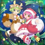  1girl absurdres animal_costume animal_hat boots botan-kun brown_eyes christmas commentary_request fox_hat fox_tail full_body green_eyes green_hair hat highres looking_at_viewer nipeira original purple_hair reindeer_costume reindeer_hat santa_hat smile tail yuzuwa-chan 