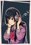  akiyama_mio bangs beamed_eighth_notes black_eyes black_hair blue_background blush closed_mouth collared_shirt commentary eyebrows_visible_through_hair hands_on_headphones headphones hood hood_down hoodie k-on! long_hair looking_at_viewer musical_note neckerchief red_neckwear satchely shirt smile solo white_shirt wing_collar wristband 