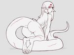  ad-6-0001a albino alien arbuzbudesh butt digitigrade feet female hair humanoid long_tail looking_at_viewer looking_back nude pussy red_eyes tongue tongue_out white_hair white_skin 