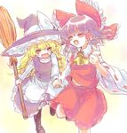  :d ^_^ ascot bare_shoulders blonde_hair blouse blush boots bow braid broom brown_hair closed_eyes commentary detached_sleeves frilled_shirt_collar frilled_skirt frills hair_bow hair_ribbon hair_tubes hakurei_reimu hat hat_bow hat_ribbon holding_hands kirisame_marisa large_bow laughing long_hair long_sleeves medium_hair mochi547 multiple_girls open_mouth ribbon ribbon-trimmed_sleeves ribbon_trim running side_braid single_braid skirt skirt_set smile touhou turtleneck v-shaped_eyebrows vest wavy_hair wide_sleeves witch_hat 