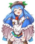  :d ^_^ blue_hair blush boots bow bowtie closed_eyes commentary dress dress_lift food food_on_head fruit fruit_on_head fun_bo hat hinanawi_tenshi kneehighs long_hair object_on_head open_mouth peach skirt skirt_lift smile solo touhou 