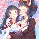  6bi ;) animal_ears bangs between_breasts black_hair blue_eyes blunt_bangs blush breasts cheek_poking cherry_blossoms cleavage collarbone comb dated day fox_ears fox_girl hair_ornament japanese_clothes kimono large_breasts long_hair looking_at_viewer mask mask_on_head multiple_girls obi one_eye_closed onmyoji outdoors pink_lips poking purple_eyes sanbi_no_kitsune sash smile sweatdrop upper_body very_long_hair yuki_onna_(onmyoji) yuri 