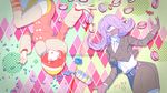  2girls andou_ruruka bangs beanie belt blue_eyes buttons candy coat danganronpa danganronpa_3 duo flipped_hair food fur-trimmed_coat fur_trim gloves hat jacket kimura_seiko mask matching_hair/eyes medical_mask multiple_girls one_eye_covered open_mouth pink_coat pink_hair purple_eyes purple_gloves purple_hair shirt short_hair shorts side_bangs skirt surgical_mask white_shirt 