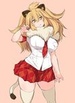  animal_ears blonde_hair breasts buttons kemono_friends kuronyan large_breasts lion_(kemono_friends) lion_ears lion_tail red_skirt shirt skirt solo tail thighhighs thighs yellow_eyes 