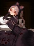  black_dress gloves indoors long_hair looking_at_viewer on_bed overlord_(maruyama) petals pillow red_eyes rose_petals shalltear_bloodfallen tagme vampire white_gloves white_hair 