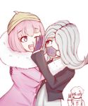  1boy 2girls andou_ruruka anger_vein bangs beanie blue_eyes coat danganronpa danganronpa_3 duo eyebrows flipped_hair fur-trimmed_coat fur_trim gloves hat izayoi_sounosuke jacket kimura_seiko kunai mask medical_mask multiple_girls one_eye_covered open_mouth pink_coat pink_hair purple_eyes purple_gloves shirt short_hair side_bangs silver_hair surgical_mask trio weapon white_shirt 