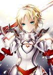 aqua_eyes armor blonde_hair clarent fate/grand_order fate_(series) hair_ornament hair_scrunchie looking_at_viewer mordred_(fate) mordred_(fate)_(all) pauldrons red_scrunchie scrunchie short_hair short_ponytail solo sword umemiya618 weapon 