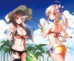  alternate_costume ass beach bikini black_bikini black_legwear blonde_hair blush breasts cleavage collarbone commentary_request day echinacea_(flower_knight_girl) flower flower_knight_girl front-tie_bikini front-tie_top hair_flower hair_ornament hair_ribbon hairband kusumoto_miya large_breasts long_hair looking_at_viewer multiple_girls navel outdoors purple_eyes red_eyes ribbon saffron_(flower_knight_girl) side-tie_bikini smile stomach swimsuit thighs 