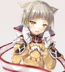  animal_ears bangs blunt_bangs bodysuit cat_ears embarrassed eyebrows gloves highres hinot hood long_sleeves looking_at_viewer niyah open_mouth ribbon short_hair silver_hair simple_background smile solo white_gloves xenoblade_(series) xenoblade_2 yellow_bodysuit yellow_eyes 