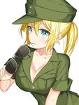  blonde_hair blue_eyes blush breasts cleavage closed_mouth eyebrows_visible_through_hair eyewear_in_mouth eyewear_removed green_hat habu. hat highres holding holding_eyewear large_breasts looking_at_viewer military mole_on_body mouth_hold original short_hair short_ponytail short_sleeves solo sunglasses 