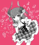  bangs bare_shoulders blush bow collar corset cowboy_shot curled_horns detached_sleeves elizabeth_bathory_(fate) elizabeth_bathory_(fate)_(all) fate/extra fate/extra_ccc fate_(series) flower frilled_collar frills hand_on_hip heart long_hair looking_at_viewer partially_colored pink_background plaid plaid_skirt pointy_ears satou_memeko shirt sketch skirt sleeveless sleeveless_shirt smile solo star tongue tongue_out unmoving_pattern 