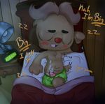  2018 anthro bed blush canine clothed clothing cub cum cum_on_stomach digital_media_(artwork) erection fur hair lying male mammal nipples on_bed open_mouth partially_clothed penis pillow playkids polygon5 sleeping solo teeth text timmy underwear wet_dream young 
