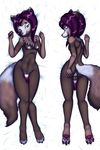  2018 anthro balls blue_pussy breasts canine chest_tuft dakimakura_design hair herm intersex lying mammal navel nipples nude on_back on_front open_mouth penis presenting presenting_pussy purple_hair pussy terdburgler tuft white_nipples 