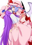  ass_grab bat_wings blue_hair bow capelet dress eichi_yuu eye_contact fang fang_out grabbing_another's_ass groping hat hat_ribbon highres licking_lips long_hair looking_at_another mob_cap multiple_girls patchouli_knowledge pink_dress pink_hat pointy_ears purple_eyes purple_hair red_bow red_eyes red_ribbon remilia_scarlet ribbon sash short_sleeves simple_background tongue tongue_out touhou very_long_hair white_background wings wrist_cuffs yuri 