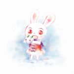  artist_name bunny doubutsu_no_mori freckles fur_trim furry iceberg_horn open_mouth red_eyes runa_(doubutsu_no_mori) scarf snow_bunny snowing solo 