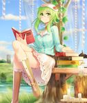  blouse book boots breasts candle cloud cloudy_sky commentary_request crossed_legs day green_eyes green_hair gumi hat highres holding holding_book large_breasts looking_at_viewer outdoors sakakidani short_hair_with_long_locks sidelocks sitting_on_bench skirt sky smile solo striped striped_blouse vertical_stripes vocaloid white_skirt 