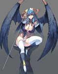  blue_hair breasts covered_nipples demon_girl demon_wings green_eyes grey_background highres hips horns large_breasts leg_up legs long_hair masao original simple_background solo sword thighhighs thighs weapon white_legwear wings 