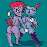  2018 anthro areola boiful breasts butt claws digital_drawing_(artwork) digital_media_(artwork) female female/female mammal nintendo nipples nude open_mouth pok&eacute;mon pok&eacute;mon_(species) pussy red_eyes sex short_stack simple_background smile sneasel tongue tongue_out vaginal video_games weavile 