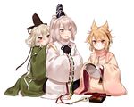  3girls alternate_costume bangs blonde_hair blue_eyes blush brush commentary_request duplicate earmuffs green_eyes green_hair green_kimono grey_hair hair_between_eyes hat highres holding japanese_clothes kariginu kimono long_hair long_sleeves mononobe_no_futo multiple_girls obentou pointy_hair pom_pom_(clothes) ponytail seiza shan short_hair silver_hair simple_background sitting smile soga_no_tojiko sparkling_eyes swept_bangs tate_eboshi touhou toyosatomimi_no_miko wavy_hair white_background white_hair wide_sleeves yellow_eyes 