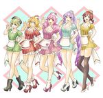  blue_eyes breasts freyja_wion green_eyes green_hair kaname_buccaneer long_hair macross macross_delta makina_nakajima mikumo_guynemer multicolored_hair multiple_girls orange_eyes orange_hair pink_hair purple_hair red_eyes red_hair reina_prowler shimatani_azu twintails two-tone_hair waitress walkure_(macross_delta) 